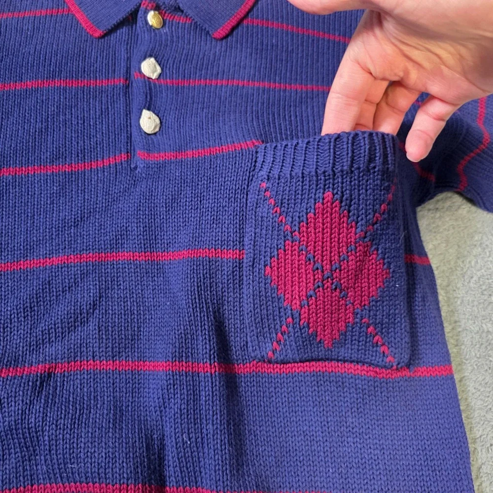 Pringle of Scotland Mens Medium Polo Sweater Purple Red Striped Argyle‎ Pocket